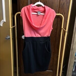 Dots Coral Cowl Neck Colorblock Dress w Black Polylike Skirt w pockets no belt